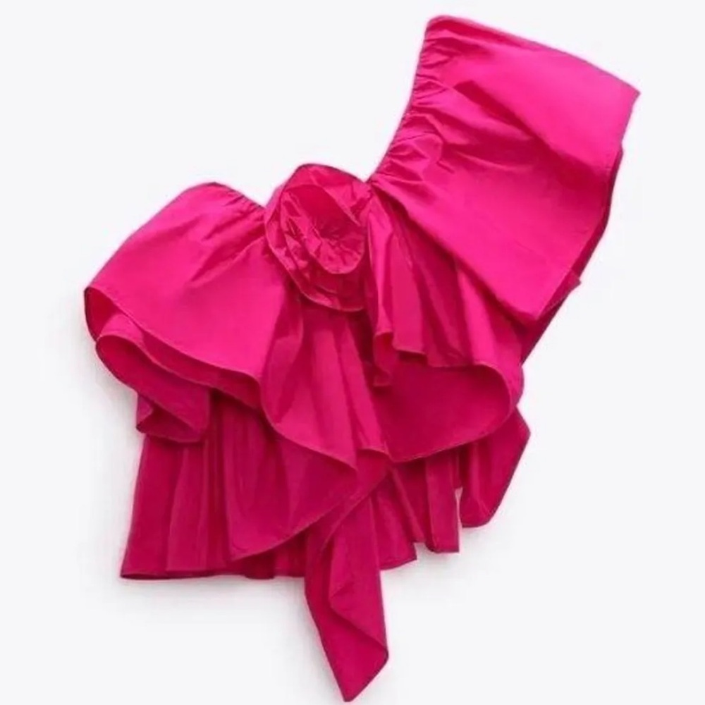 Zara Hot Pink Floral Ruffle Top | Size XS